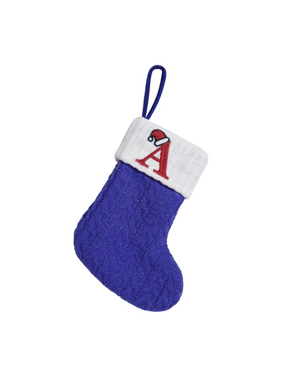 Mini Knitted Wool Christmas Stockings 7 Inches Embroidered Initial Letter Christmas Stocking, Candy Gift Bag Socks Hanging Ornaments Tree Fireplace Decorations, Xmas Gifts (Blue)