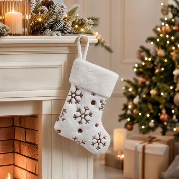 JeashCHAT Mini White Plush Christmas Stockings, 7.48 Inch Glitter Sequin Snowflake Xmas Stockings Hanging Ornaments, Christmas Tree Decorations