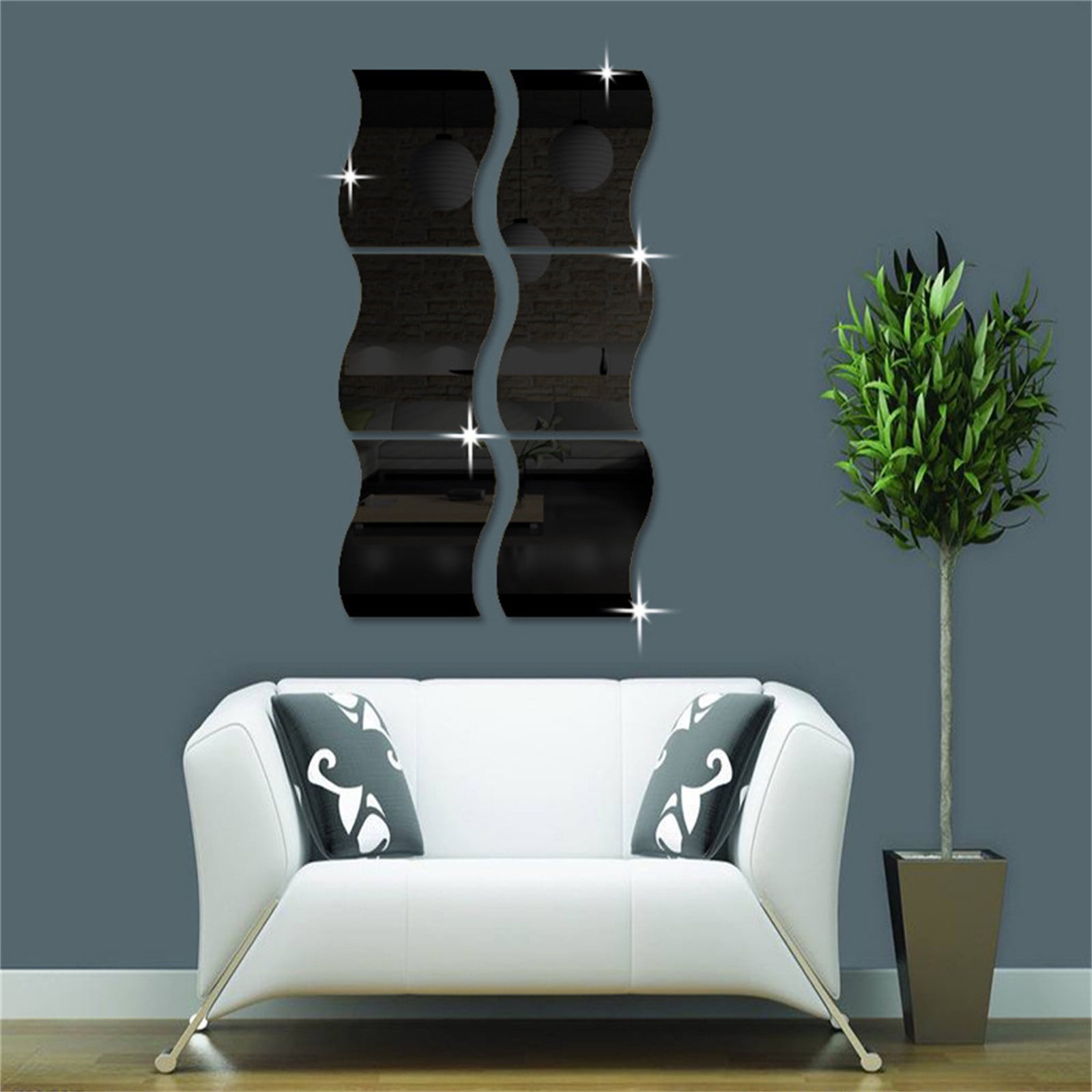 JeashCHAT Mirror Wall Decor Clearance, 6 Pcs 3D Wavy Mirror Wall Stickers DIY Home Decorative Acrylic Mirror Wall Art Decals Removable Plastic Tiles for Home Living Room Bedroom Bathroom (Black)