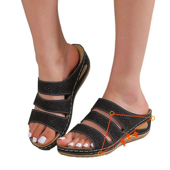 JeashCHAT Orthopedic Sandals for Women Summer Beach Slippers with Arch Support Anti-Slip Breathable Open Toe Vintage Women's Wedge Sandals (Black)