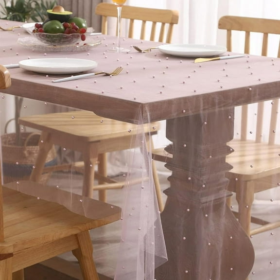 JeashCHAT Pearl Table Runner Spring Summer Boho Tulle Lace Table Runner Sheer Gauze Tablecloth for Wedding Baby Shower Birthday Party Arch Veil Dessert Table Decor 39" x 63"