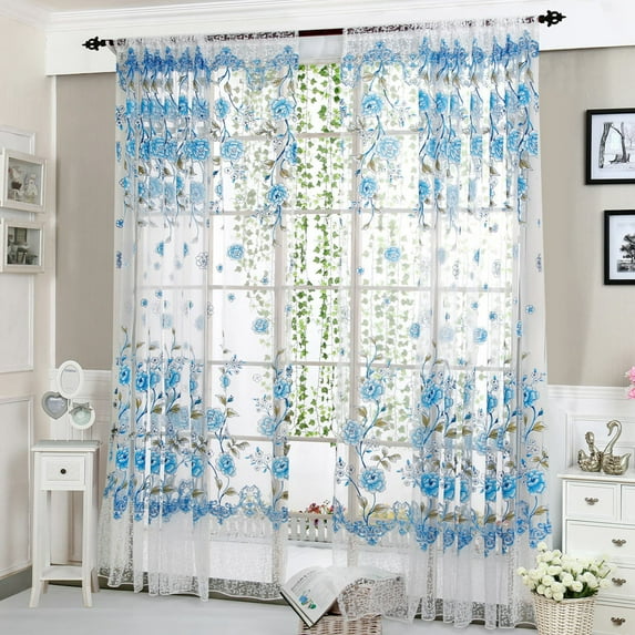 JeashCHAT Peony Sheer Curtain , Tulle Window Curtain Valance Rod Pocket Transparent Voile Window Treatment Drapes for Living Room/Hall