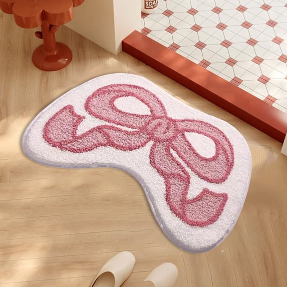 JeashCHAT Pink Bow Shaped Bathroom Rug, Soft Absorbent Non-Slip Bath Mat, Valentine's Day Decorations, Bath Rug, Small Area Rug for Bedroom Decor, 16x24 inch