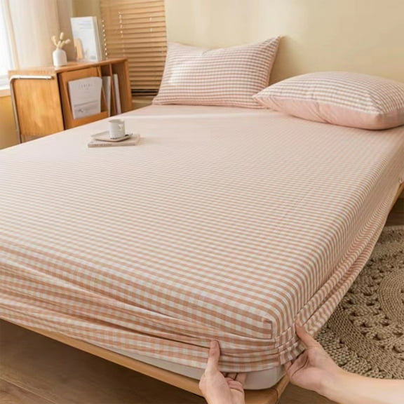 JeashCHAT Plaid Fitted Sheet Soft Microfiber Fabric Bottom Sheet, Breathable Fitted Bed Sheet, Checkered Bed Sheet, Mattress Protector, Machine Washable, 59"x79", Pink