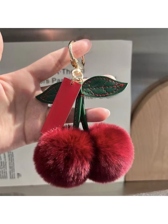 Plush Cherry Keychain, Cute Keychain for Backpack Purse Handbag Accessories, Metal Keyring for Home and Car Keys, Christmas Birthday Gift