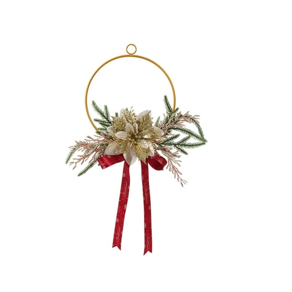 JeashCHAT Poinsettia Christmas Wreath, Metal Wreath Hanging Ornaments with Artificial Christmas Flower and Ribbon Bow, Wedding Christmas Party Home Office Wall Door Decor