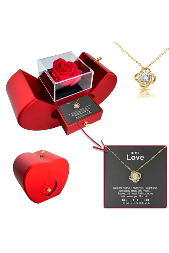 Red Rose with I Love You Necklace, Flowers Rose Necklace Gift Box Set for Women, Mom, Wife and Girlfriend on Valentines Day Mother's Day Anniversary Birthday Gifts for Her