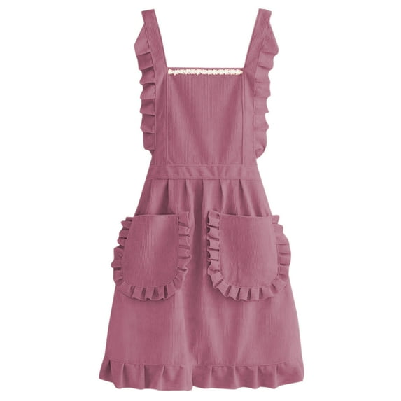 JeashCHAT Ruffle Apron for Women with 2 Pockets, Kitchen Cooking Baking Cute Apron, Corduroy Apron Dress for Painting Gardening Cleaning