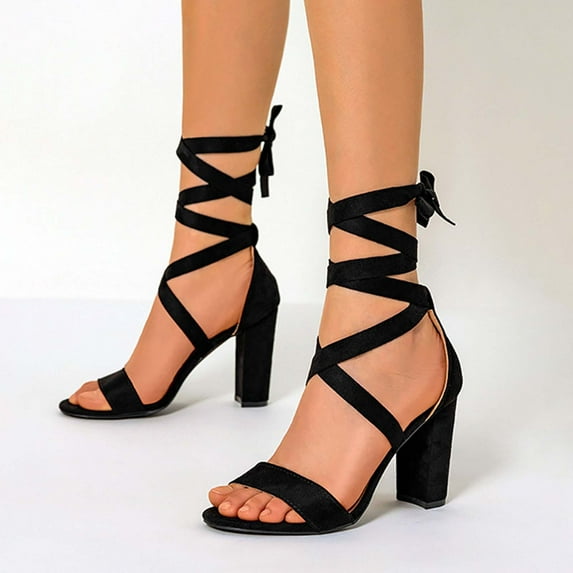 JeashCHAT Sandals for Women Clearance Chunky Heels Lace Up Block Heels Open Toe Crisscross Strappy Heels Fashion Casual Heeled Sandals Comfortable Tie Up Heels