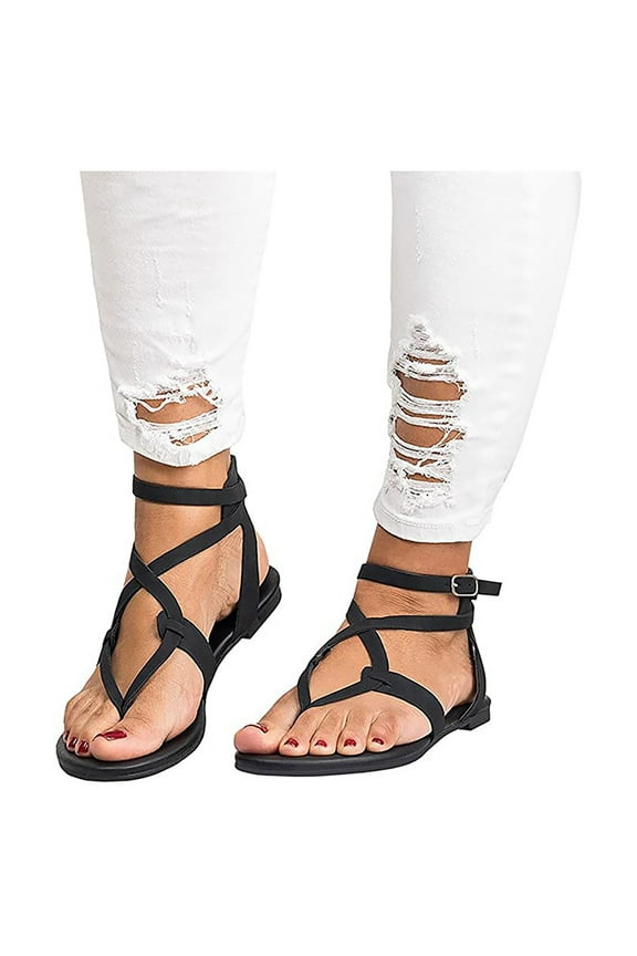 Sandals Women , Lace Up Sandals for Women, Open Toe Gladiator Sandals Flat Thong Sandals Beach Sandals Summer Sandals (Black)