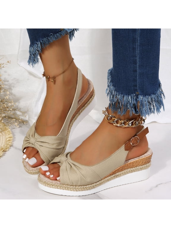 Sandals for Women Summer Ladies Espadrille Platform Wedge Sandals Metal Buckle Ankle Strap Peep Toe Bow Hollow Out Slingback Sandals (Beige)