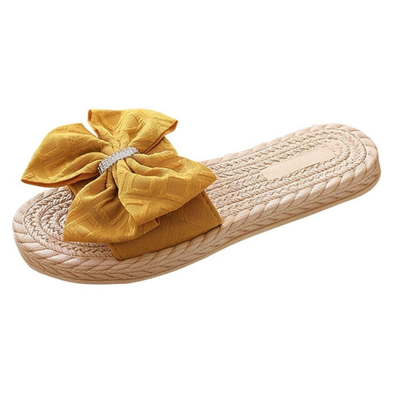 JeashCHAT Sandals for Women, Slide Sandals Imitation Straw Espadrille Women's Sandals Floral Flat Beach Flat-heel Clip-on Women's Slippers (Yellow)