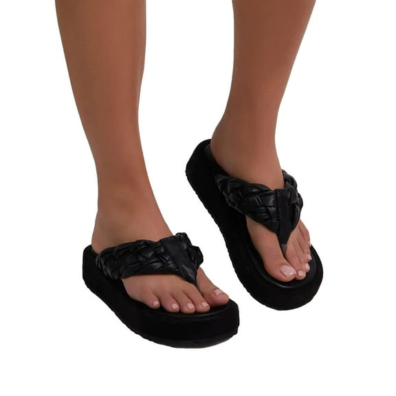 JeashCHAT Sandals for Women, Slide Sandals Summer New Fashion Casual Outdoor Mid-heel Women's One-line Slope Heel Slippers (Black)