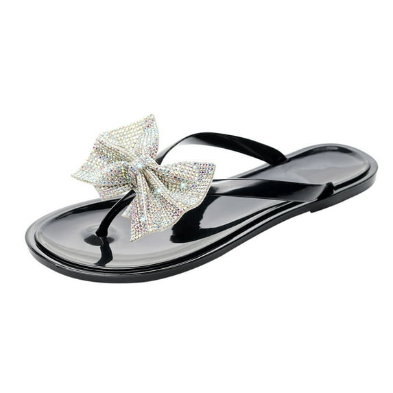 JeashCHAT Sandals for Women, Slide Sandals Summer New Flip Bowknot Flash Diamond Sandals And Slippers Women's Slippers (Black)