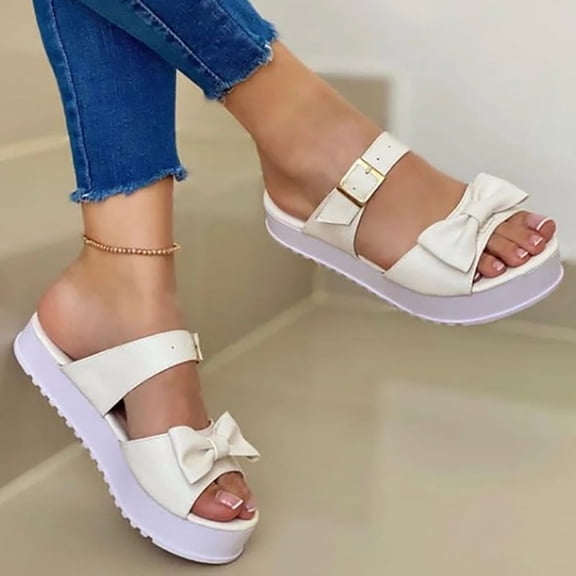 JeashCHAT Sandals for Women, Slide Sandals Summer New Style Women Fashion Comfy Bowknot Thick Bottom Slippers (White)
