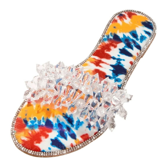 JeashCHAT Sandals for Women, Slide Sandals Summer Women Ladies Fashion Casual Flat Retro Slippers Crystal Shoes Sandals (Blue)
