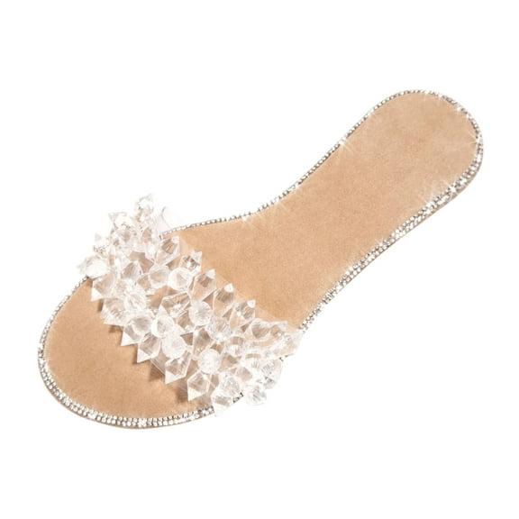 JeashCHAT Sandals for Women, Slide Sandals Summer Women Ladies Fashion Casual Flat Retro Slippers Crystal Shoes Sandals (Khaki)