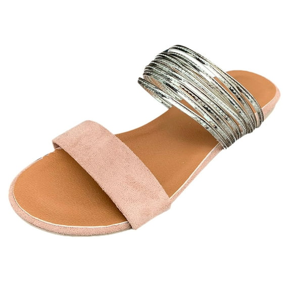 JeashCHAT Sandals for Women, Slide Sandals Women Fashion Casual Vintage Flat Metal Decoration Slippers Outdoor Beach Shoes (Beige)