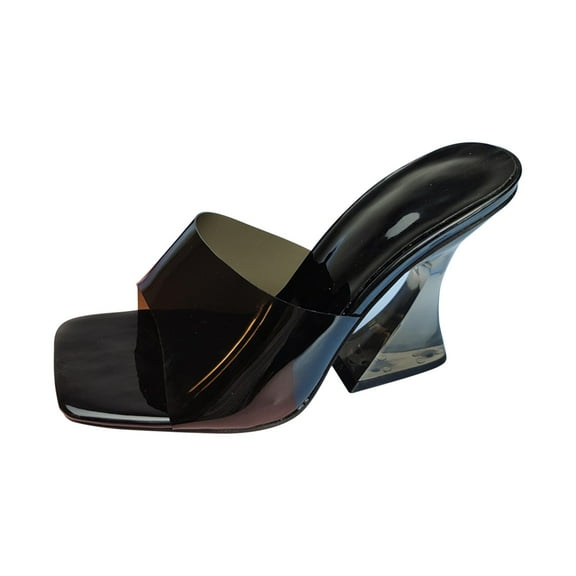 JeashCHAT Sandals for Women, Slide Sandals Women's Fashion Crystal Shoes Toe Candy Color Sandals Summer High Heel Slippers (Black)