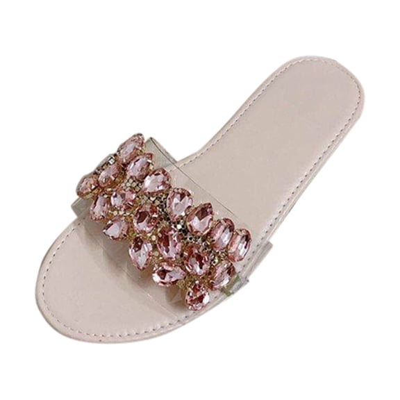 JeashCHAT Sandals for Women, Slide Sandals Women's Fashion Rhinestone Casual Multicolor Flat Bottom Sandals And Slippers (Beige)