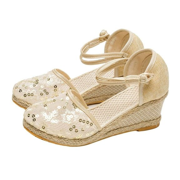JeashCHAT Sandals for Women, Slide Sandals Women's Sandals Wedge Heels Heightening Shoes Mesh Point Buckle Casual Shoes (Beige)