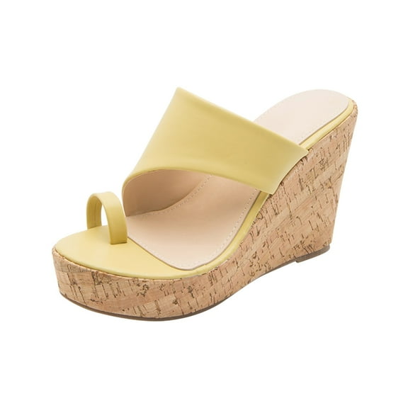 JeashCHAT Sandals for Women, Slide Sandals Women's Shoes Casual Slip-on Sandals Imitation Wood Wedges Super High Heel Slippers (Yellow)