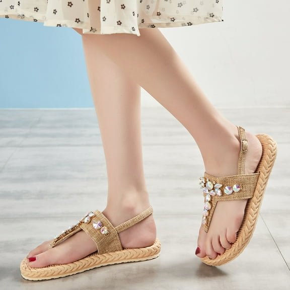 JeashCHAT Sandals for Women Women's Summer Flat Shoes, Rope Colored Diamond Open Toe Shoes, Woven Sandals