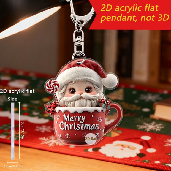 JeashCHAT Santa Claus Keychain Pendant, Merry Christmas Coffee Mug Cute Santa Claus 2D Flat Acrylic Hanging Ornaments for Handbag Purse Backpack Car Keys, Xmas Gifts