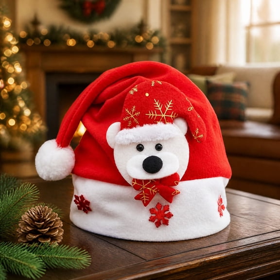 JeashCHAT Santa Hat, Bear Christmas Hat with Snowflake Decor, Plush Xmas Hat for Adults Kids, Holiday Party Costume Accessory, Christmas Gift, 11" x 15.75"