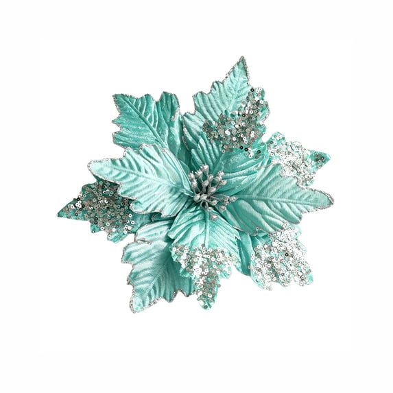 JeashCHAT Sequin Poinsettia Flower Picks, Christmas Tree Decorations, Fabric Artificial Christmas Flower Stem, Glitter Fake Floral for Vase Xmas Holiday Party Home Decor, 10.24" x 10.82"