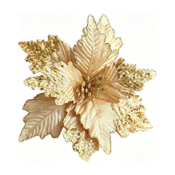 JeashCHAT Sequin Poinsettia Flower Picks, Christmas Tree Decorations, Fabric Artificial Christmas Flower Stem, Glitter Fake Floral for Vase Xmas Holiday Party Home Decor, 10.24" x 10.82"