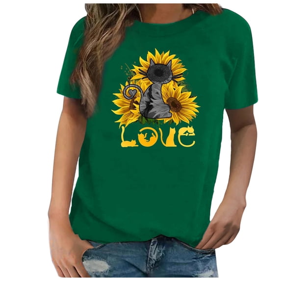 JeashCHAT Shirts for Women Clearance Women Casual Printing Shirts Short Sleeve Loose Tee Tops Tunic Blouse