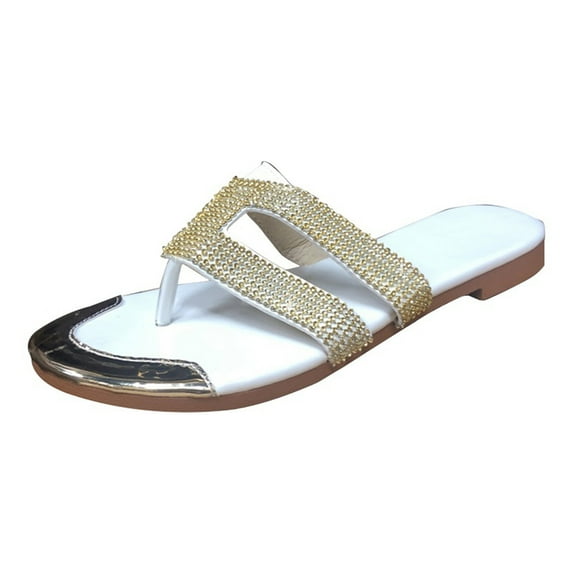 JeashCHAT Slip On Slide Sandals for Women Summer Flat Bottom Shoes Rhinestone Flip-flops Women Flip Flops Casual Slippers (White)