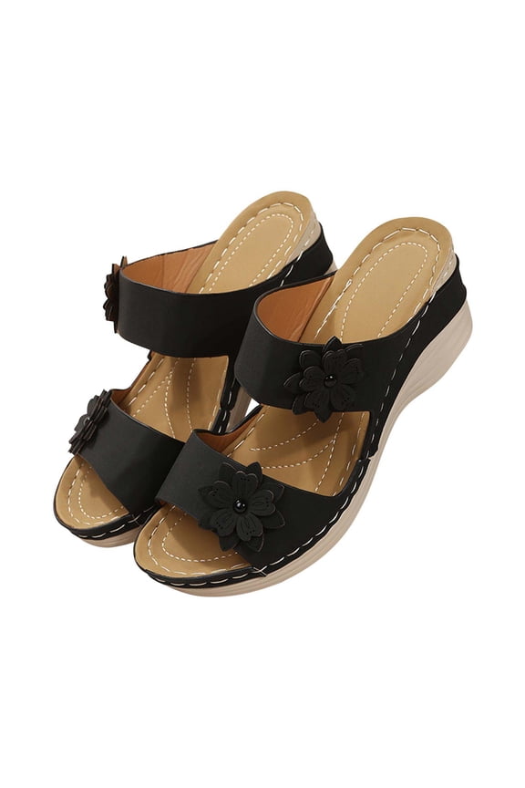 Slip On Slide Sandals for Women Summer Women Thick Bottom Slope Heel Shoes Beach Sandals Roman Casual Slippers (Black)