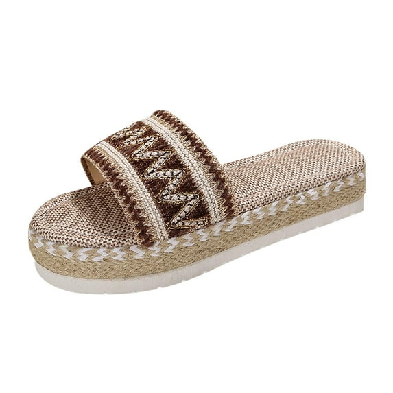 JeashCHAT Slip On Slide Sandals for Women Women's Ethnic Style Sandals Thick Bottom Fish Mouth Shoes Rope Candy Color Slippers (Khaki)