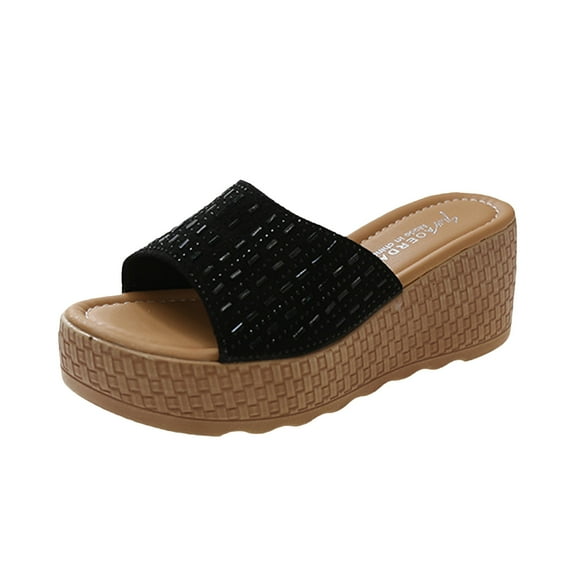 JeashCHAT Slip On Slide Sandals for Women Women's Fashionable Sandals And Slippers With Sloping Heels And Rhinestones (Black)