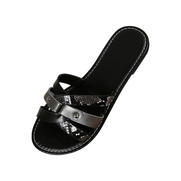 JeashCHAT Slip On Slide Sandals for Women Women's Flat Shoes Ladies Beach Sandals Summer Non-Slip Causal Slippers (Black)