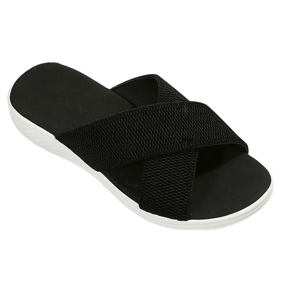 JeashCHAT Slip On Slide Sandals for Women Women's Flat Shoes Ladies Beach Sandals Summer Non-Slip Causal Slippers (Black)