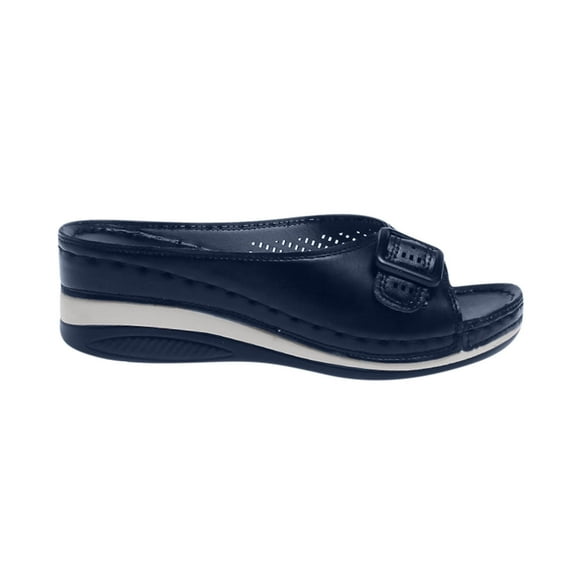 JeashCHAT Slip On Slide Sandals for Women Women's Flat Shoes Ladies Beach Sandals Summer Non-Slip Causal Slippers (Dark Blue)
