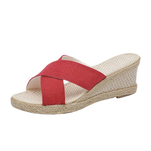JeashCHAT Slip On Slide Sandals for Women Women's High Heels Shoes Linen Straw Sandals Wedges Casual Canvas Dress Slippers (Red)