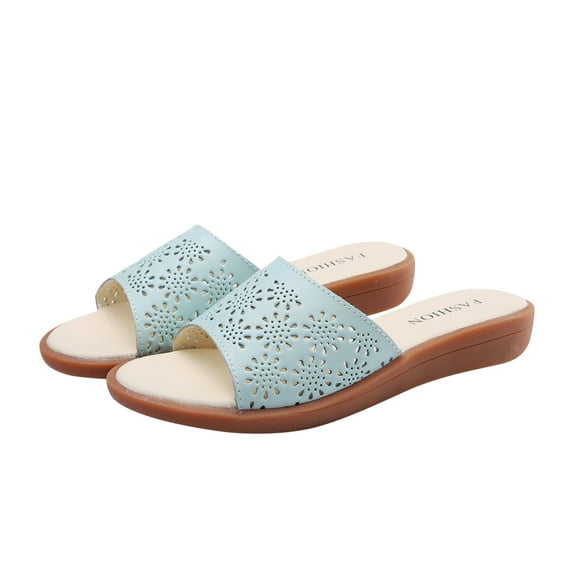 JeashCHAT Slip On Slide Sandals for Women Women's Hollow Out Slippers Casual Home Sandals Slotted Comfort Flat Bottom Mules (Light Blue)