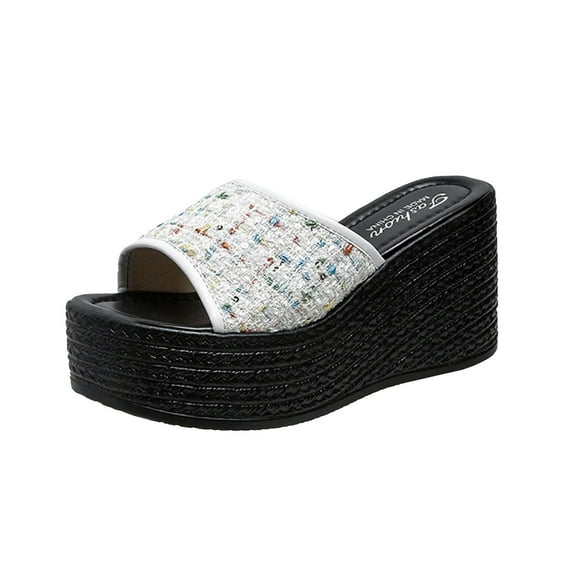 JeashCHAT Slip On Slide Sandals for Women Women's Sequin High Heels One Line Thick Sole Slippers Sponge Bottom Beach Sandals (White)