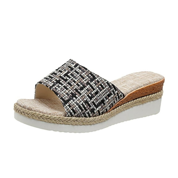 JeashCHAT Slip On Slide Sandals for Women Women's Slope Heel One Line Buckle Middle Heel Sandals Comfortable Slippers (Black)