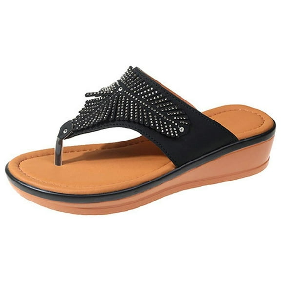 JeashCHAT Slip On Slide Sandals for Women Women's Slope Heel Slippers Casual And Lightweight Thick Soled Rhinestone Sandals (Black)