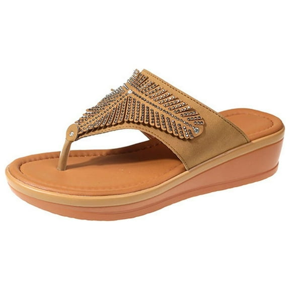 JeashCHAT Slip On Slide Sandals for Women Women's Slope Heel Slippers Casual And Lightweight Thick Soled Rhinestone Sandals (Brown)