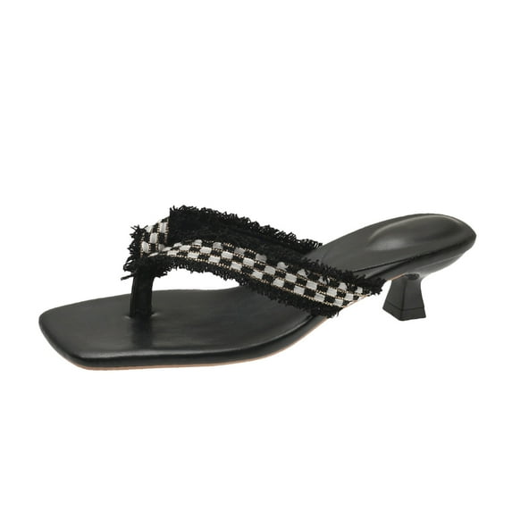 JeashCHAT Slip On Slide Sandals for Women Women's Square Toe Clipped Herringbone Beach Thin Heel Medium Heel Sandals (Black)