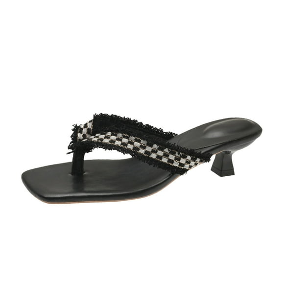 JeashCHAT Slip On Slide Sandals for Women Women's Square Toe Clipped Herringbone Beach Thin Heel Medium Heel Sandals (Black)