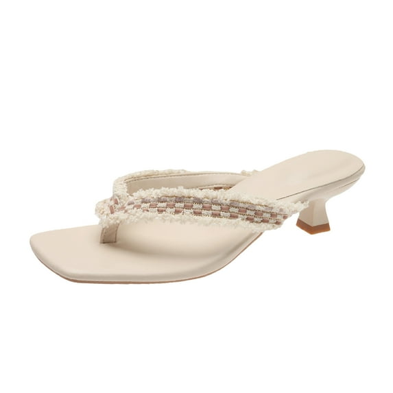 JeashCHAT Slip On Slide Sandals for Women Women's Square Toe Clipped Herringbone Beach Thin Heel Medium Heel Sandals (Pink)