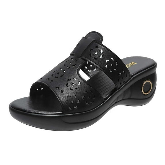 JeashCHAT Slip On Slide Sandals for Women Women's Summer Casual Comfortable Slippers Solid Color Platform Hollow Out Slippers (Black)