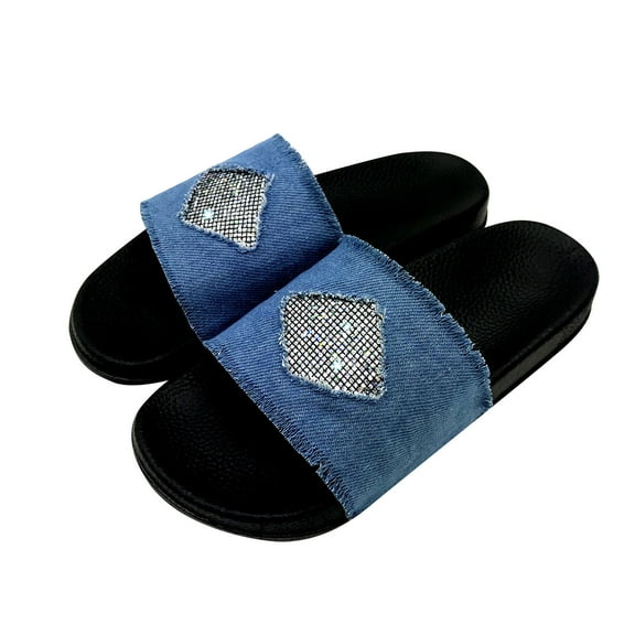 JeashCHAT Slip On Slide Sandals for Women Women's Summer Flashing Shoes Fashion Flat Slippers (Light blue)